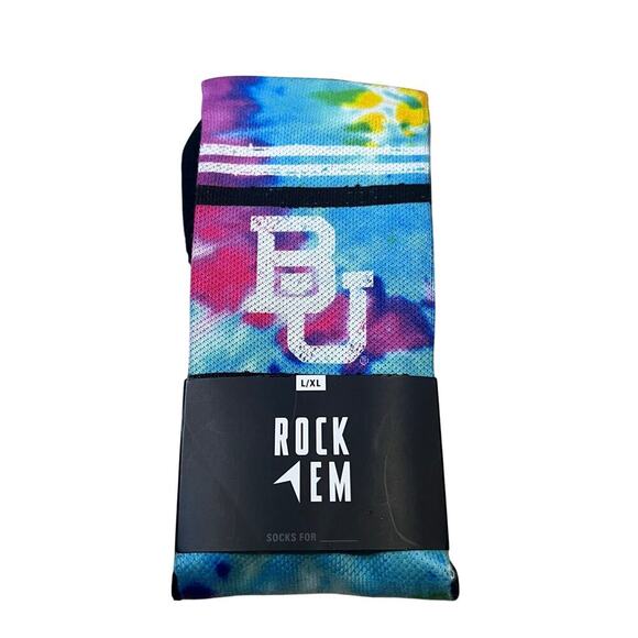 NWT Rock Em Socks Boston University Tie Die Crew Socks Tall High Comfy Sports - Picture 1 of 3